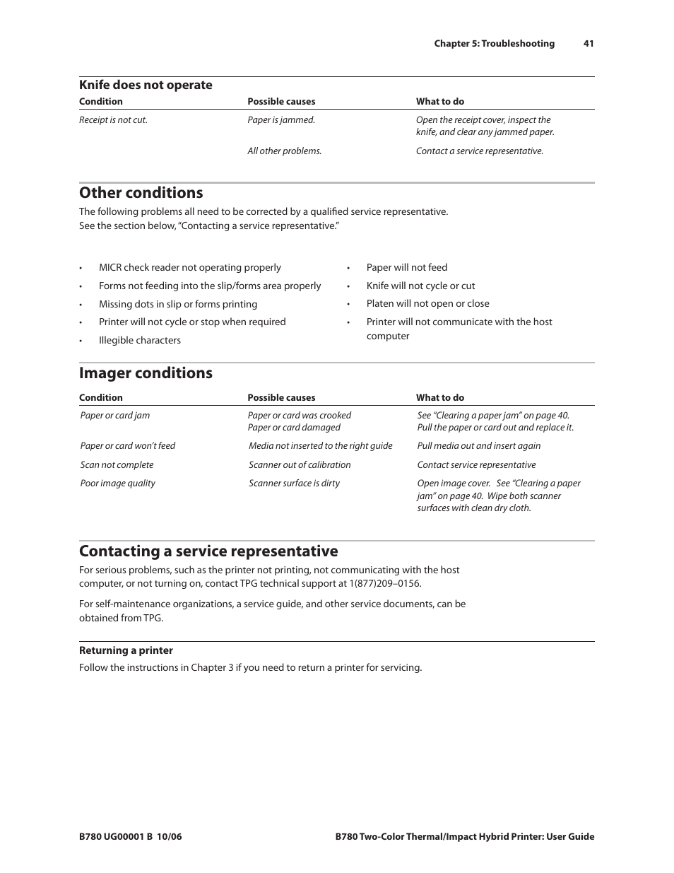 Other conditions, Contacting a service representative, Imager conditions | CognitiveTPG B780 User Manual | Page 46 / 52