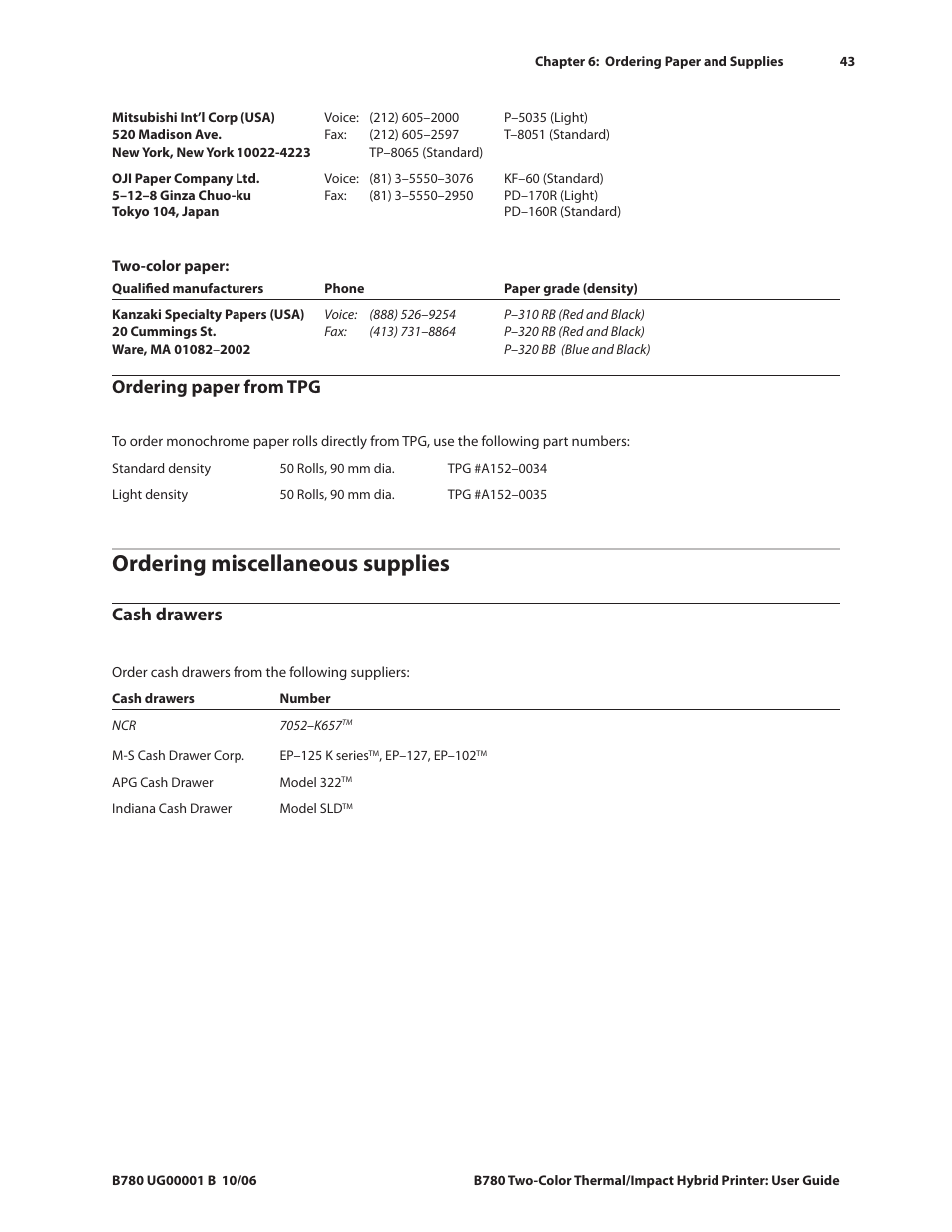 Ordering miscellaneous supplies, Cash drawers, Ordering paper from tpg | CognitiveTPG B780 User Manual | Page 48 / 52