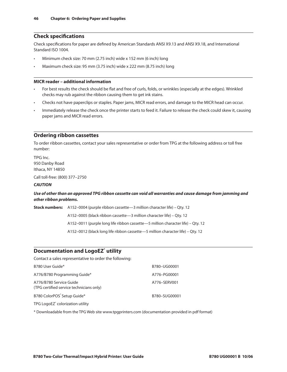 Check specifications, Ordering ribbon cassettes, Documentation and logoez | Utility | CognitiveTPG B780 User Manual | Page 51 / 52