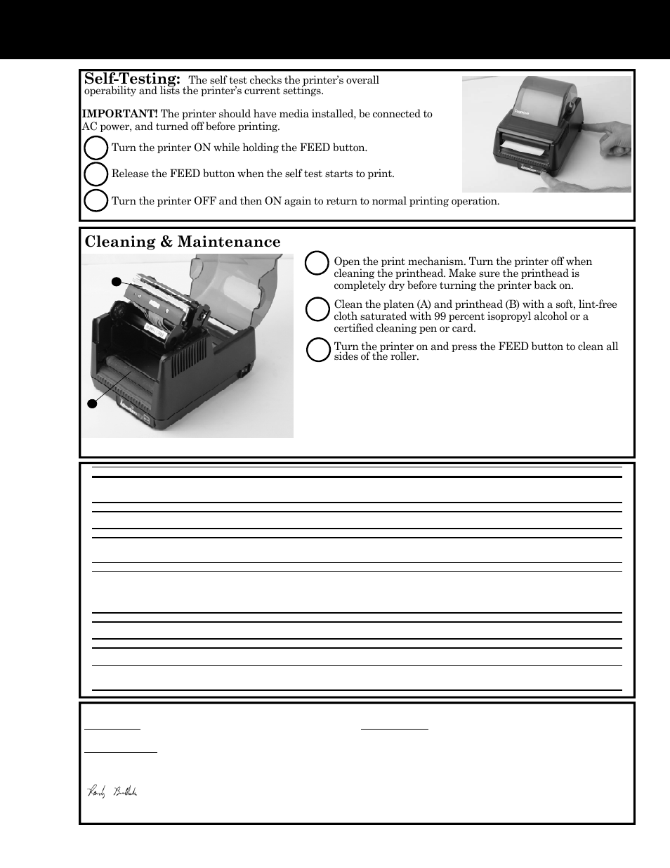 Self-testing and maintenance, Self-testing, Cleaning & maintenance | CognitiveTPG Advantage DLX User Manual | Page 4 / 4