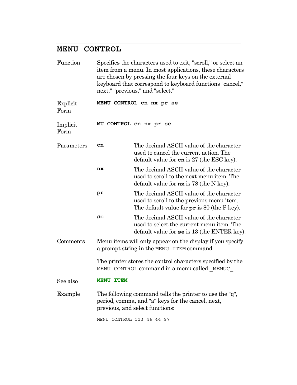 Menu control, Menu, Control | Command | CognitiveTPG DLXi User Manual | Page 161 / 326