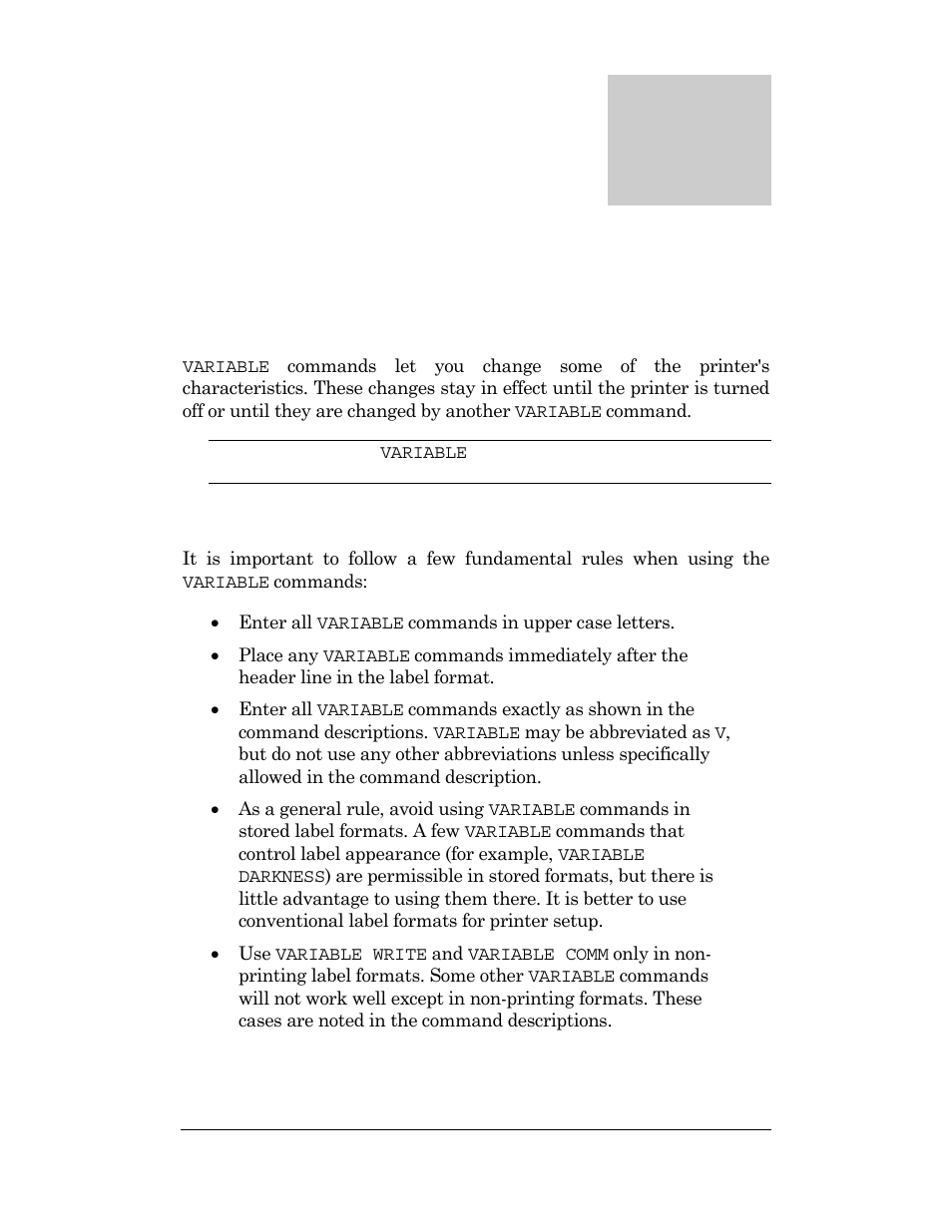 Variable command rules, Printer setup (variable) commands, Chapter | CognitiveTPG DLXi User Manual | Page 179 / 326