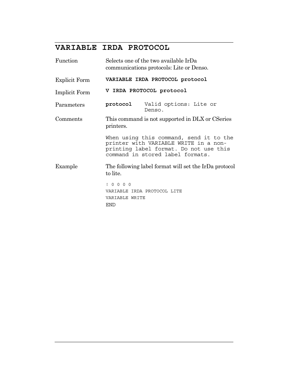 Variable irda protocol | CognitiveTPG DLXi User Manual | Page 222 / 326