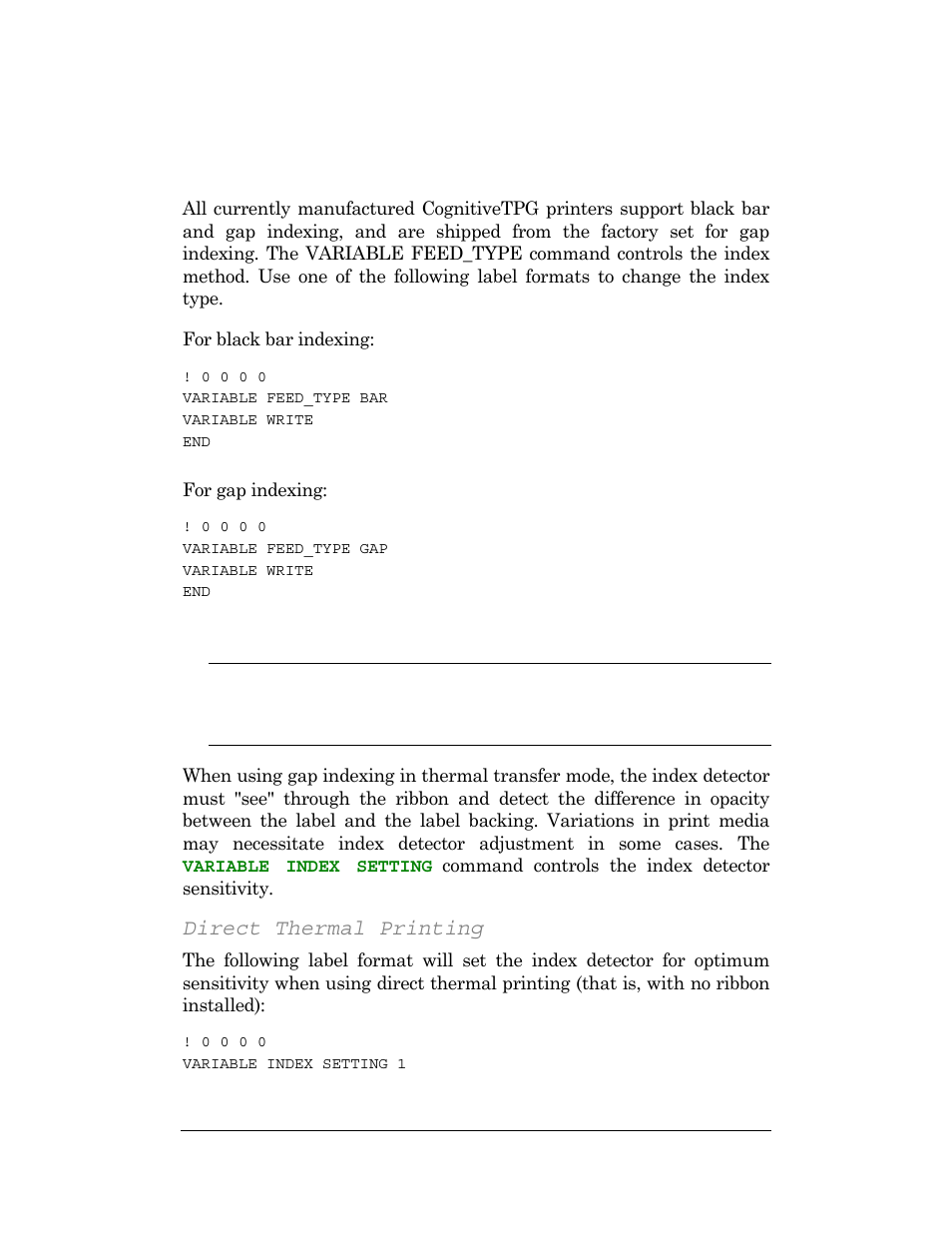 Setting bar or gap index type, Optimizing index detection, Direct thermal printing | CognitiveTPG DLXi User Manual | Page 274 / 326