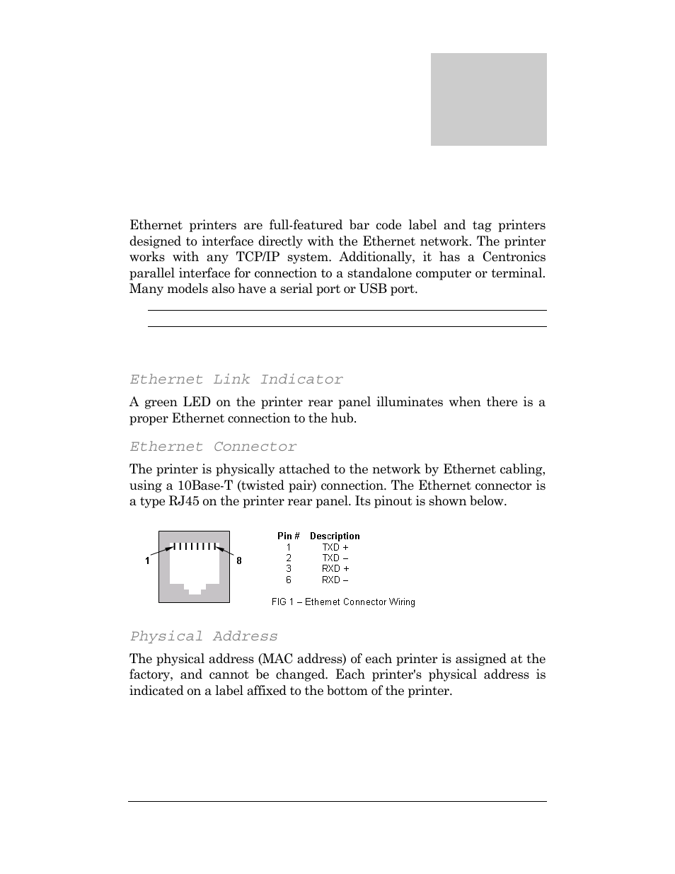 Ethernet interface, Ethernet link indicator, Ethernet connector | Physical address, Ethernet printer information, Chapter | CognitiveTPG DLXi User Manual | Page 277 / 326