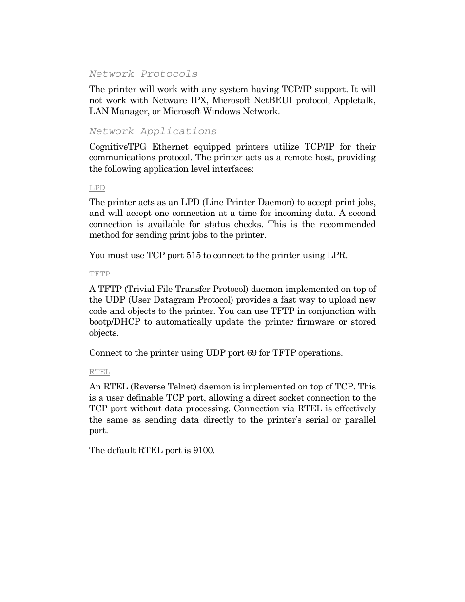 Network protocols, Network applications, Tftp | Rtel | CognitiveTPG DLXi User Manual | Page 278 / 326