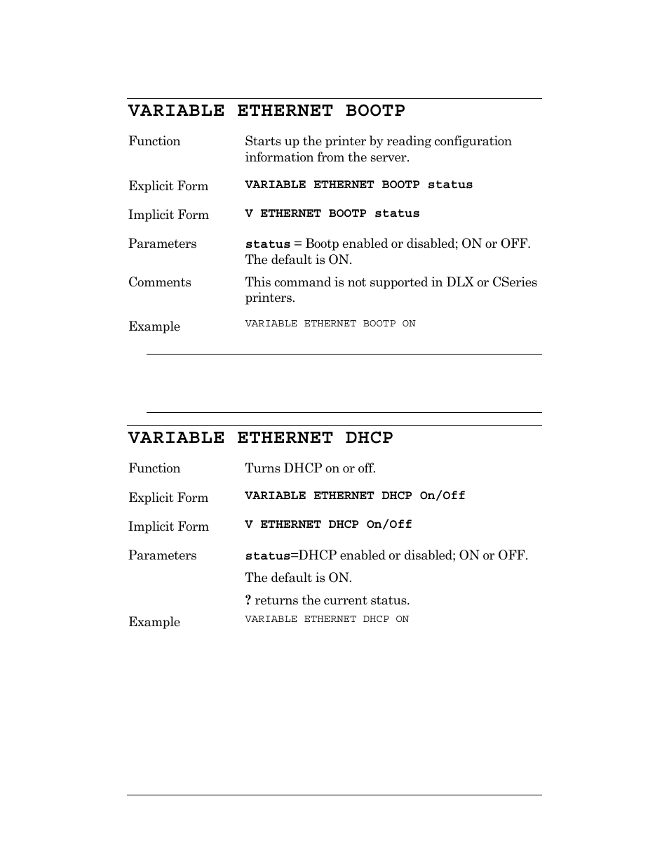 Variable ethernet bootp variable ethernet dhcp, Variable ethernet bootp, Variable ethernet dhcp | CognitiveTPG DLXi User Manual | Page 286 / 326