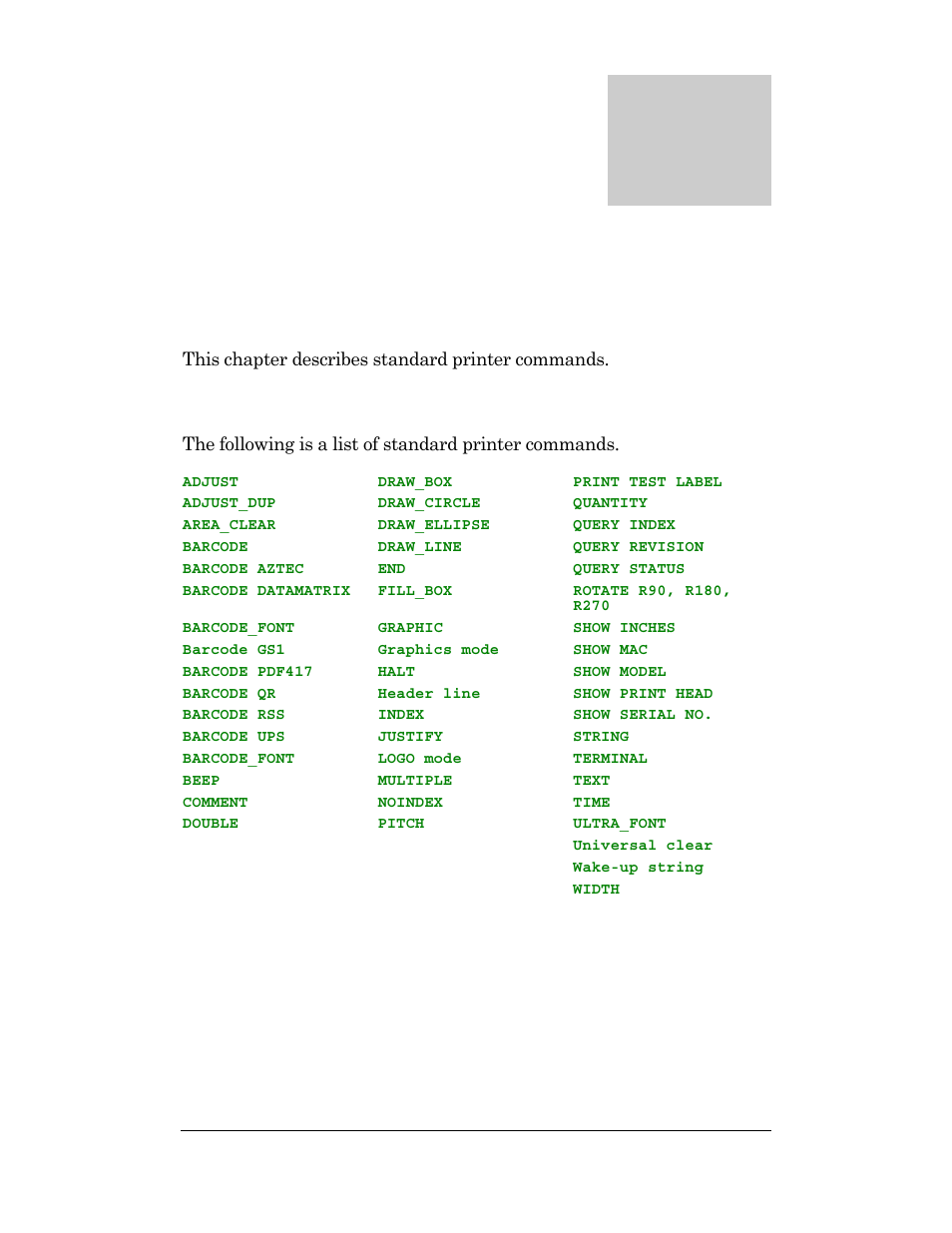 Standard printer command list, Standard printer commands, Chapter | CognitiveTPG DLXi User Manual | Page 29 / 326