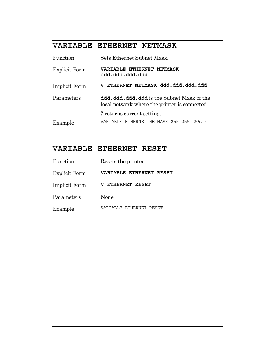 Variable ethernet netmask variable ethernet reset, Variable ethernet netmask, Variable ethernet reset | CognitiveTPG DLXi User Manual | Page 292 / 326