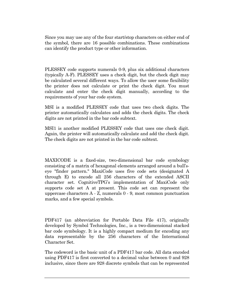 Plessey and msi1, Maxicode, Pdf417 | Plessey and msi1 maxicode pdf417 | CognitiveTPG DLXi User Manual | Page 300 / 326