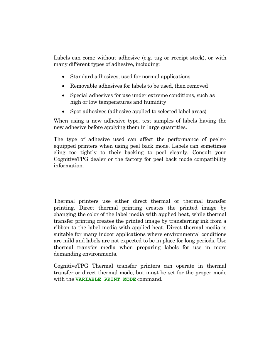 Adhesives, Print method (direct thermal or thermal transfer) | CognitiveTPG DLXi User Manual | Page 306 / 326