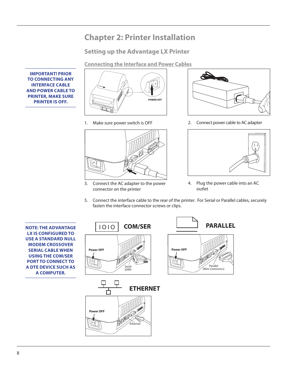 Chapter 2: printer installation, Setting up the advantage lx printer, Ethernet | Parallel | CognitiveTPG Advantage LX User Manual | Page 8 / 25