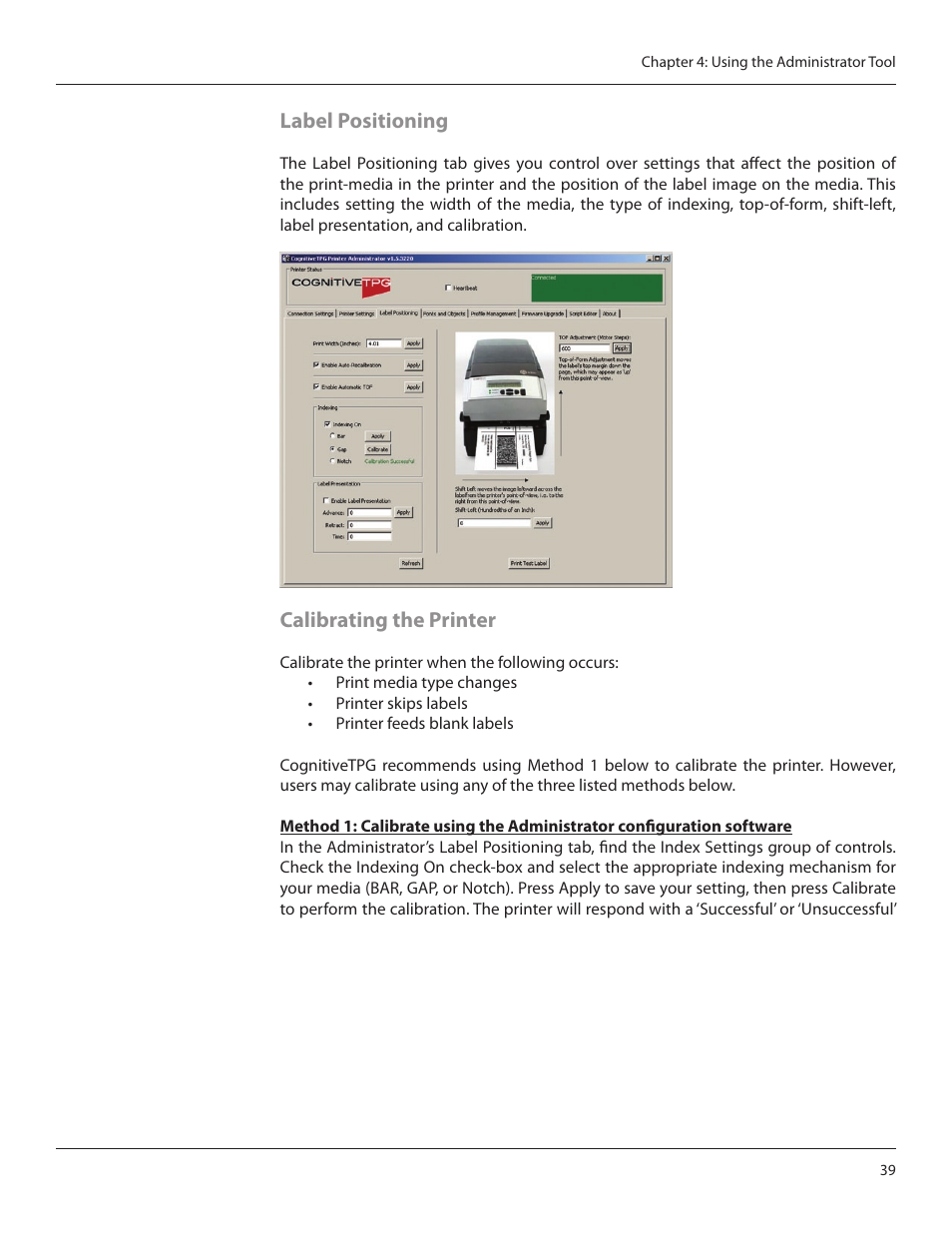 Label positioning, Calibrating the printer | CognitiveTPG CRx User Manual | Page 43 / 90