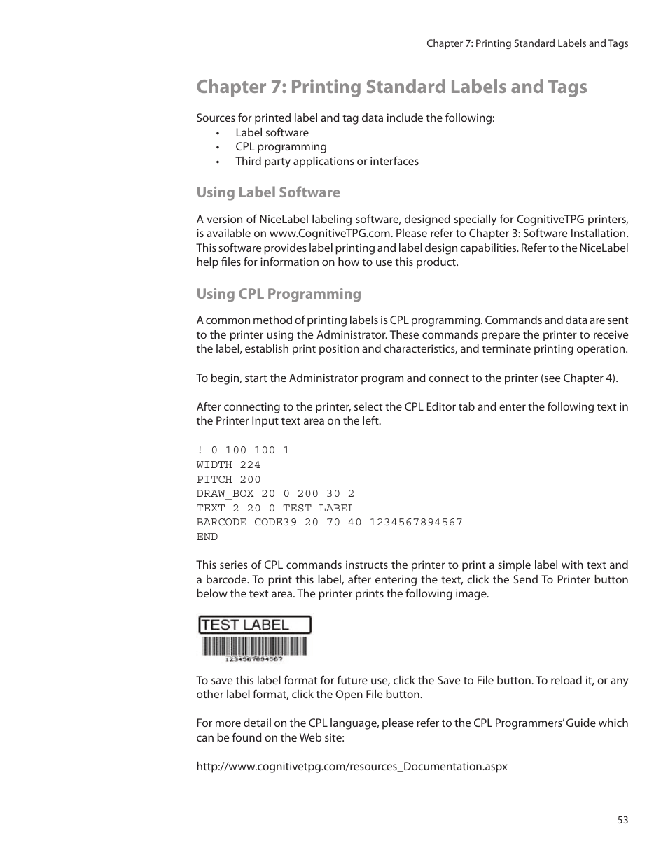 Chapter 7: printing standard labels and tags, Using label software, Using cpl programming | CognitiveTPG CRx User Manual | Page 57 / 90