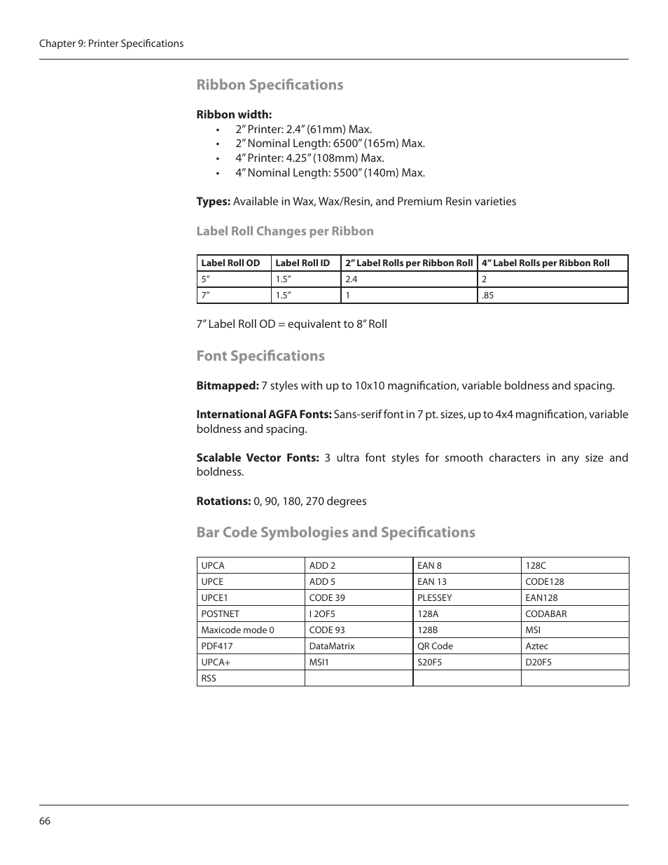 Ribbon specifications, Font specifications, Bar code symbologies and specifications | CognitiveTPG CRx User Manual | Page 70 / 90