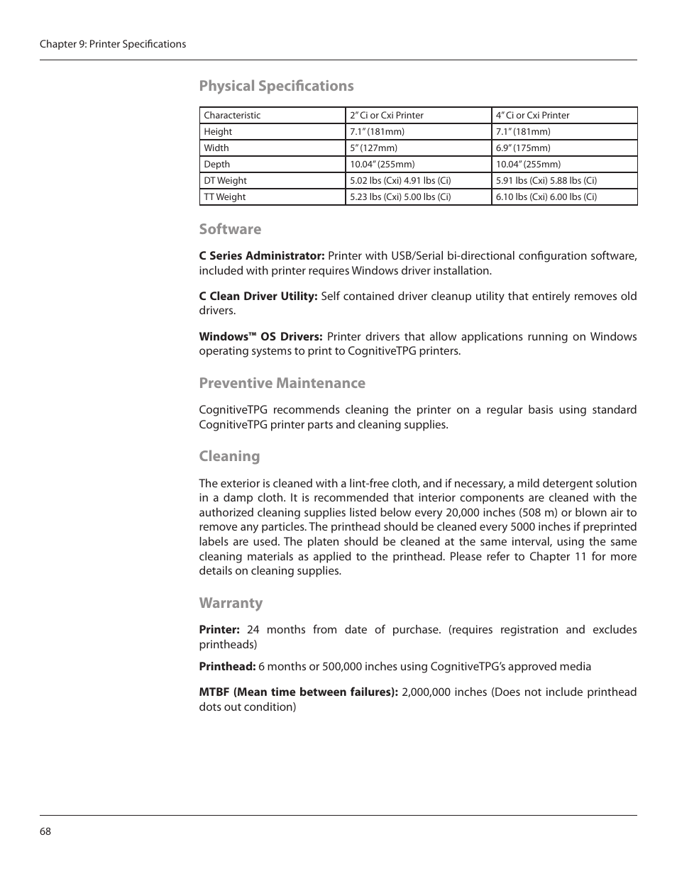 Physical specifications, Software, Preventive maintenance | Cleaning, Warranty | CognitiveTPG CRx User Manual | Page 72 / 90