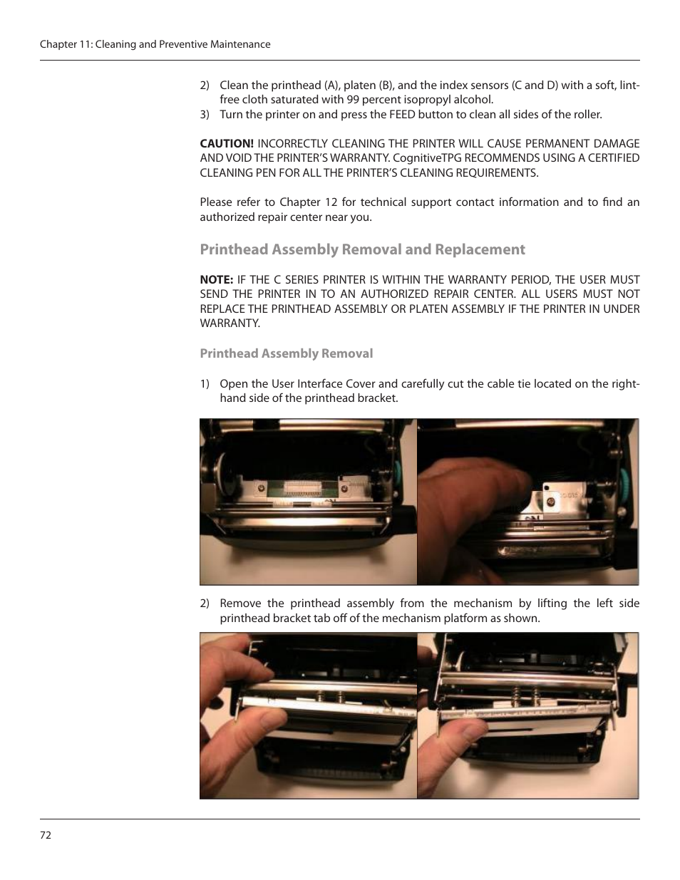 Printhead assembly removal and replacement | CognitiveTPG CRx User Manual | Page 76 / 90