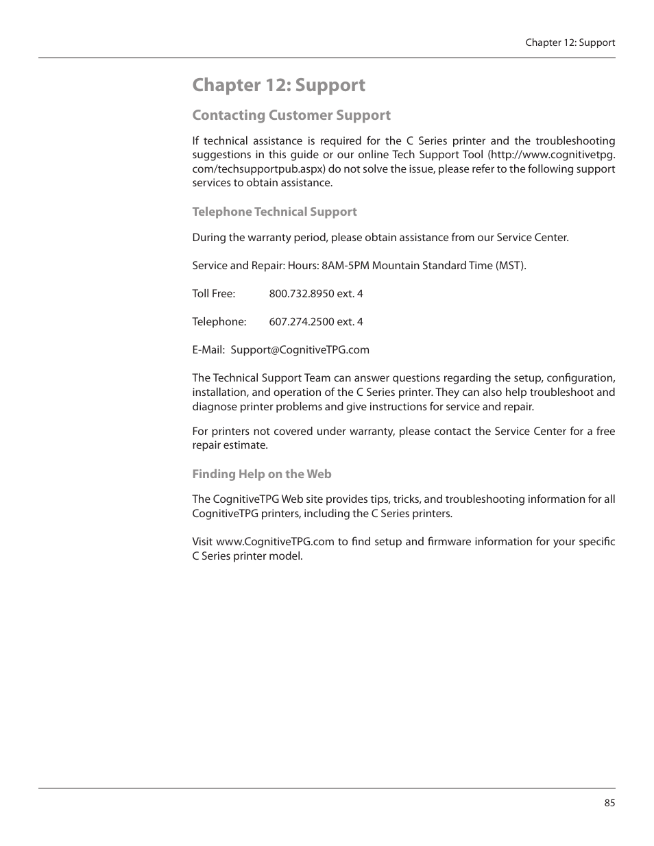 Chapter 12: support, Contacting customer support | CognitiveTPG CRx User Manual | Page 89 / 90