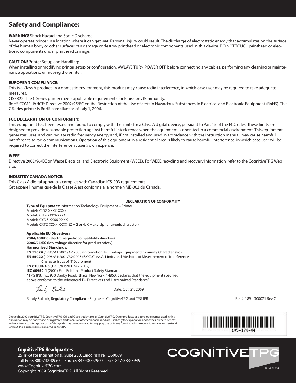 Safety and compliance, Cognitivetpg headquarters | CognitiveTPG CRx User Manual | Page 8 / 8