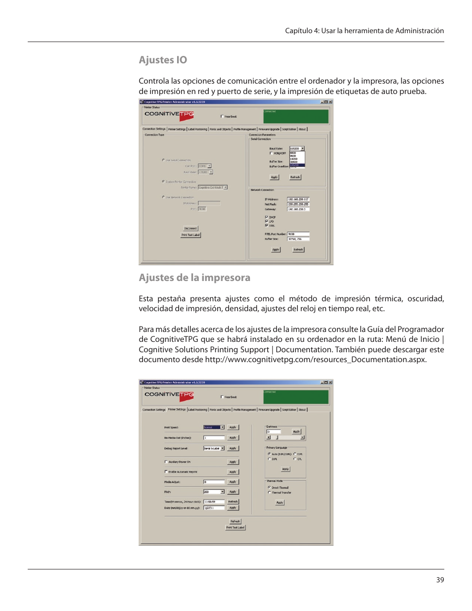 Ajustes io, Ajustes de la impresora | CognitiveTPG CRx User Manual | Page 43 / 92