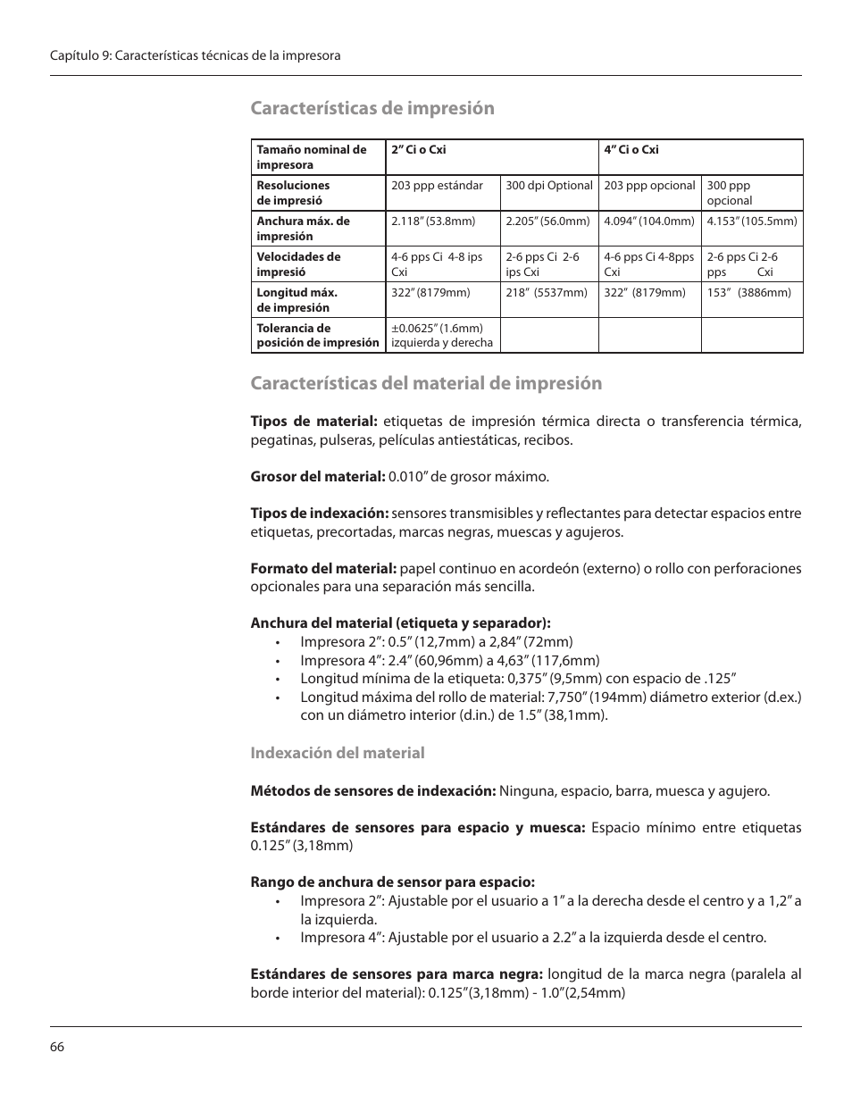 Características de impresión, Características del material de impresión | CognitiveTPG CRx User Manual | Page 70 / 92