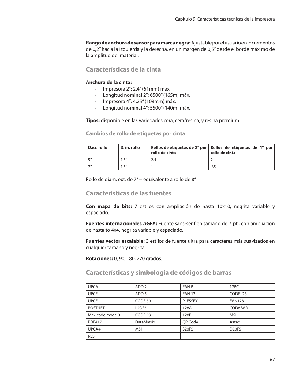 Características de la cinta, Características de las fuentes, Características y simbología de códigos de barras | CognitiveTPG CRx User Manual | Page 71 / 92