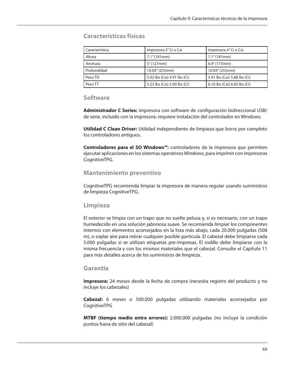 Características físicas, Software, Mantenimiento preventivo | Limpieza, Garantía | CognitiveTPG CRx User Manual | Page 73 / 92