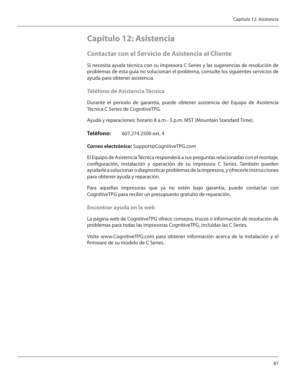 Capítulo 12: asistencia, Contactar con el servicio de asistencia al cliente | CognitiveTPG CRx User Manual | Page 91 / 92