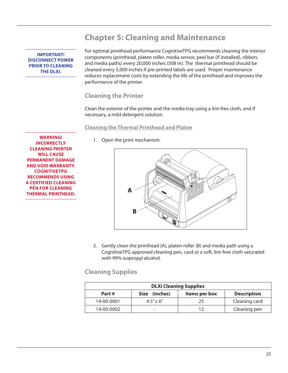 Chapter 5: cleaning and maintenance, Cleaning the printer, Cleaning supplies | CognitiveTPG DLXi User Manual | Page 25 / 27