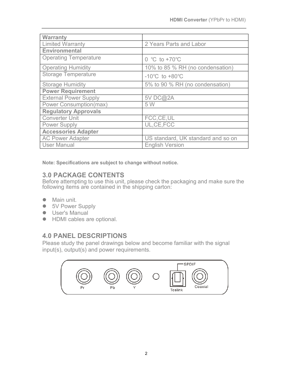0 package contents, 0 panel descriptions | Comprehensive CCN-CH101 User Manual | Page 3 / 4