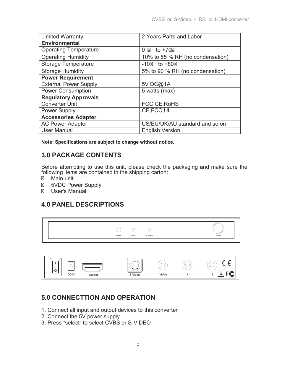 0 package contents, 0 panel descriptions, 0 connecttion and operation | Comprehensive CCN-CSH101 User Manual | Page 3 / 4