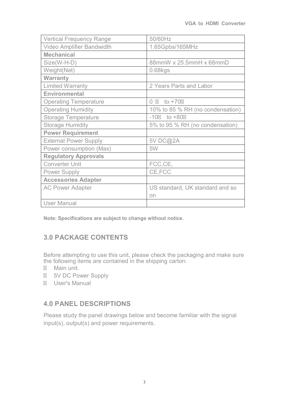 0 package contents, 0 panel descriptions | Comprehensive CCN-VH101 User Manual | Page 3 / 4