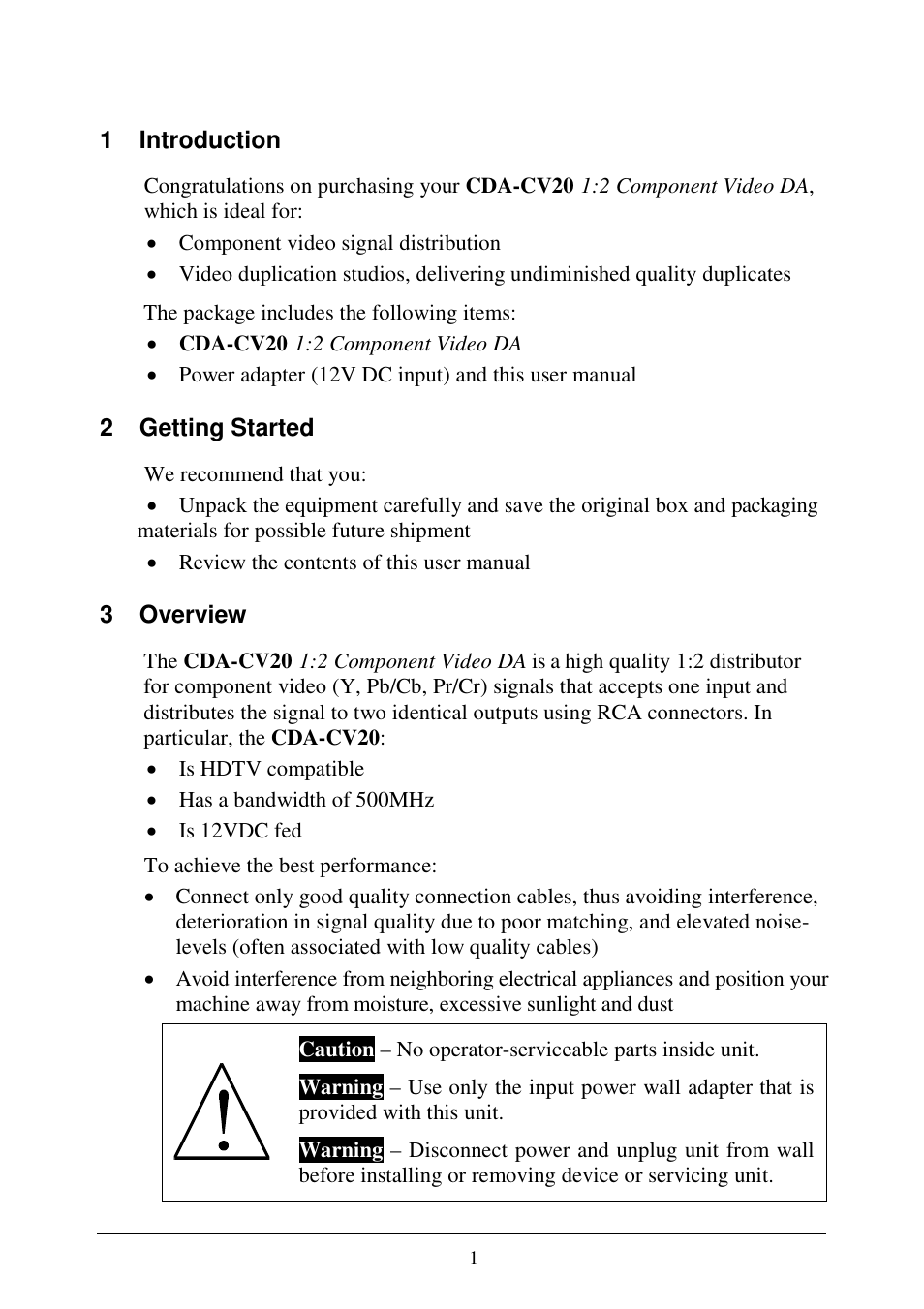 1 introduction, 2 getting started, 3 overview | Comprehensive CDA-CV20 User Manual | Page 3 / 6