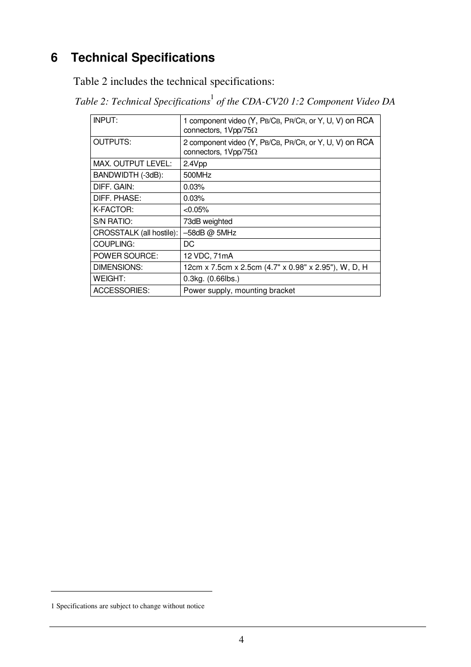 6 technical specifications, Table 2 includes the technical specifications, Table 2: technical specifications | Of the cda-cv20 1:2 component video da | Comprehensive CDA-CV20 User Manual | Page 6 / 6