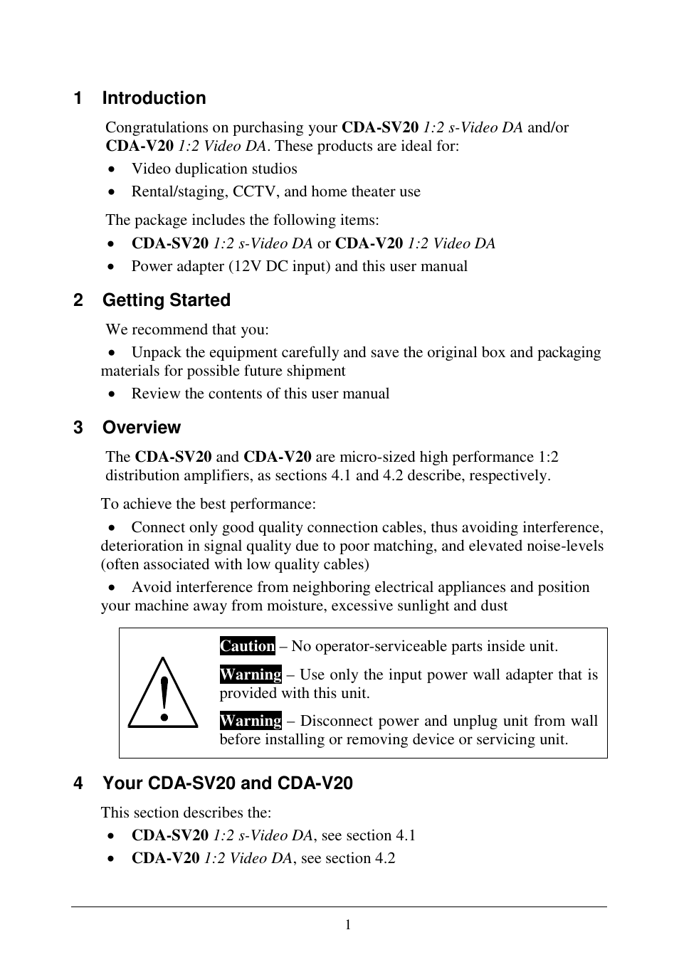 1 introduction, 2 getting started, 3 overview | Comprehensive CDA-SV20 User Manual | Page 3 / 8