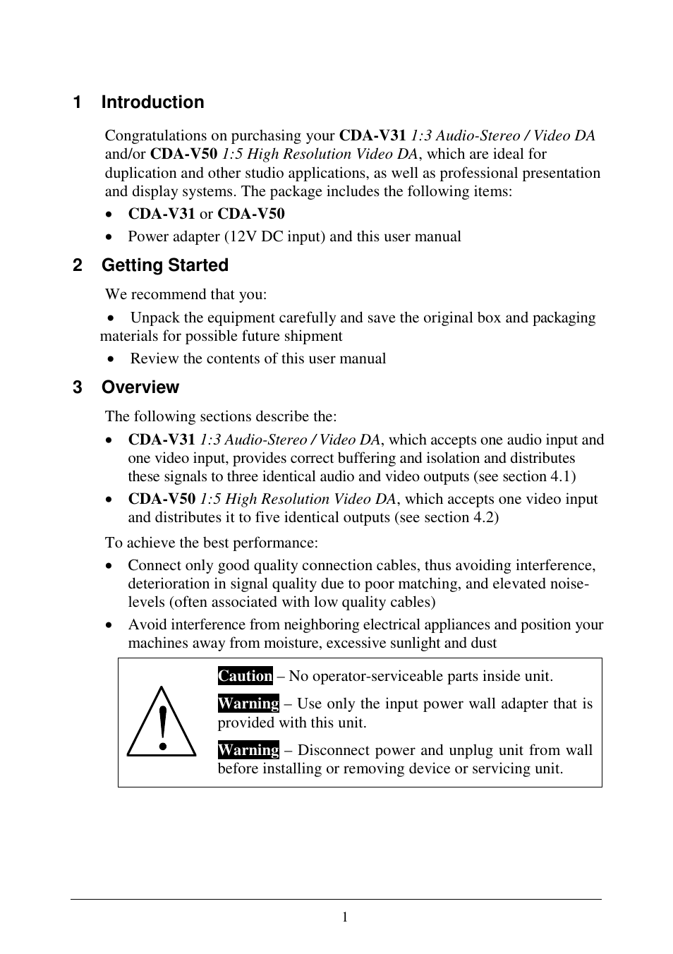 1 introduction, 2 getting started, 3 overview | Comprehensive CDA-V50 User Manual | Page 3 / 9
