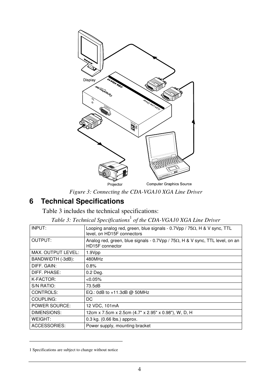 6 technical specifications, Table 3 includes the technical specifications, Figure 3: connecting the cda-vga10 xga line driver | Table 3: technical specifications, Of the cda-vga10 xga line driver | Comprehensive CDA-VGA10 User Manual | Page 6 / 6