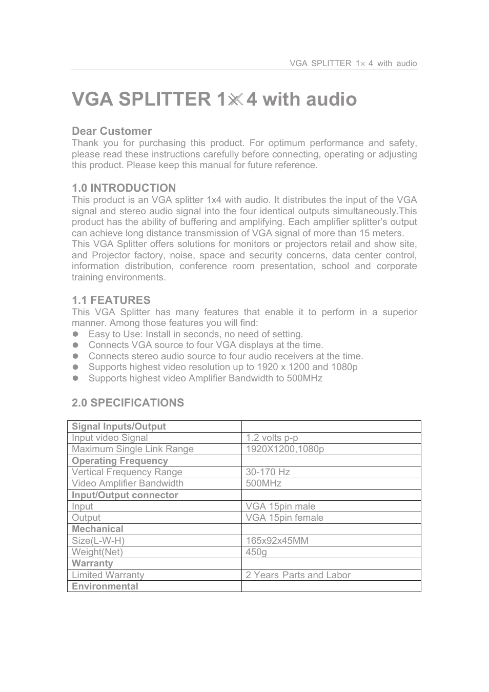Vga splitter 1 × 4 with audio | Comprehensive CDA-VGA104A User Manual | Page 2 / 4