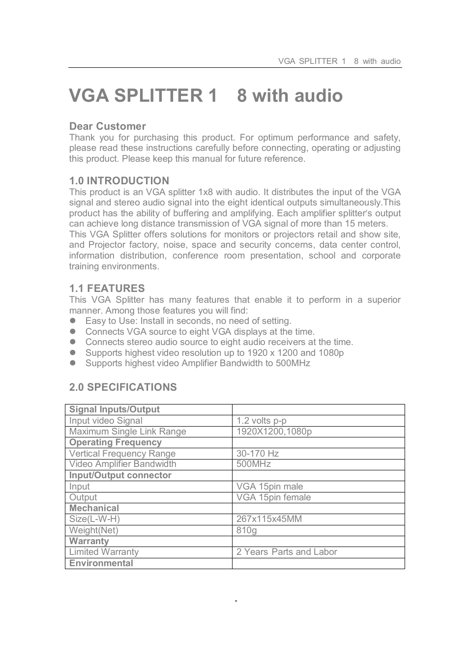 Vga splitter 1 8 with audio | Comprehensive CDA-VGA108A User Manual | Page 2 / 4