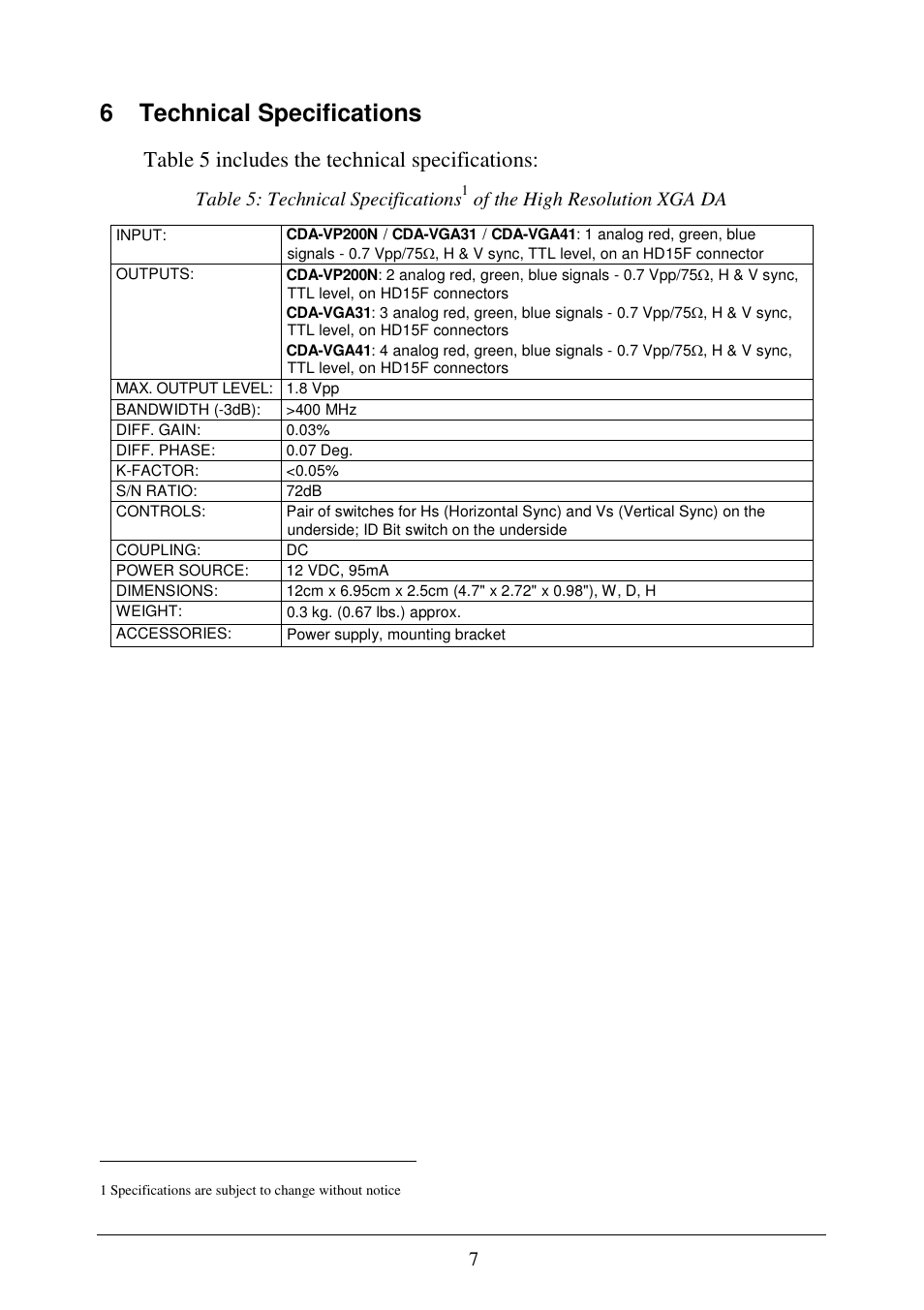 6 technical specifications, Table 5 includes the technical specifications, Table 5: technical specifications | Of the high resolution xga da | Comprehensive CDA-VGA41 User Manual | Page 9 / 9