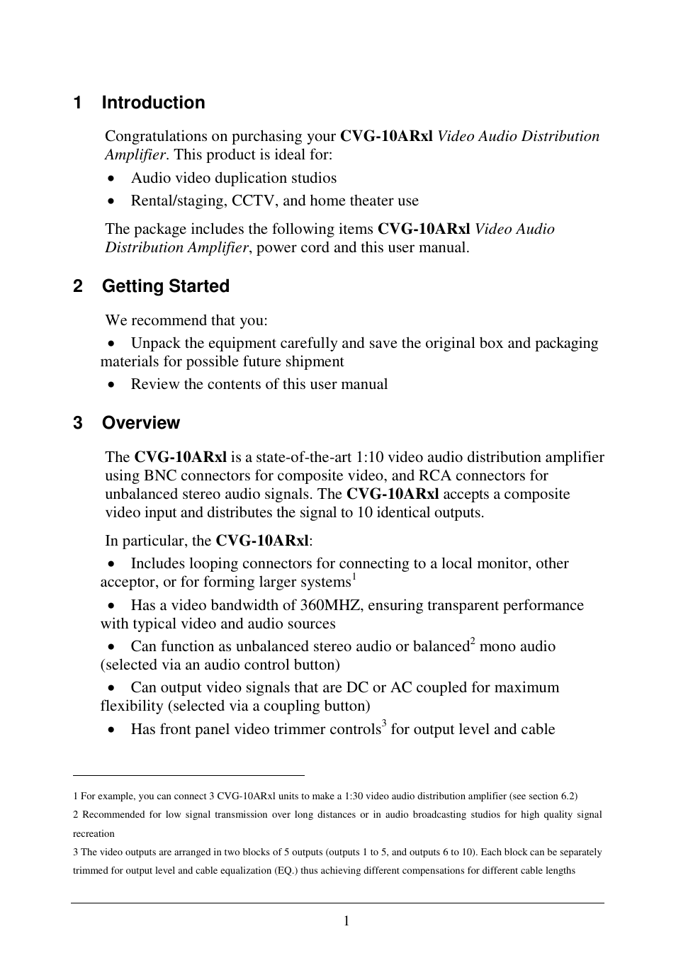 1 introduction, 2 getting started, 3 overview | Comprehensive CVG-10ARxl User Manual | Page 3 / 10