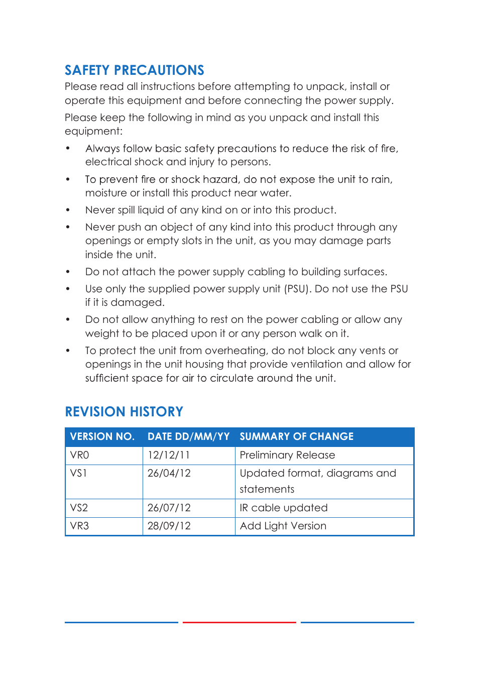 Safety precautions, Revision history | Comprehensive CE-HD330RS User Manual | Page 3 / 12