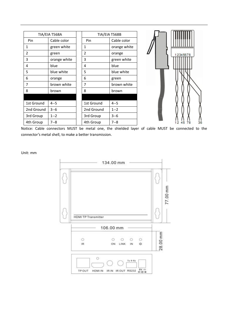 Twisted pair cable connection, Panel drawing | Comprehensive CE-HDBT100 User Manual | Page 8 / 9