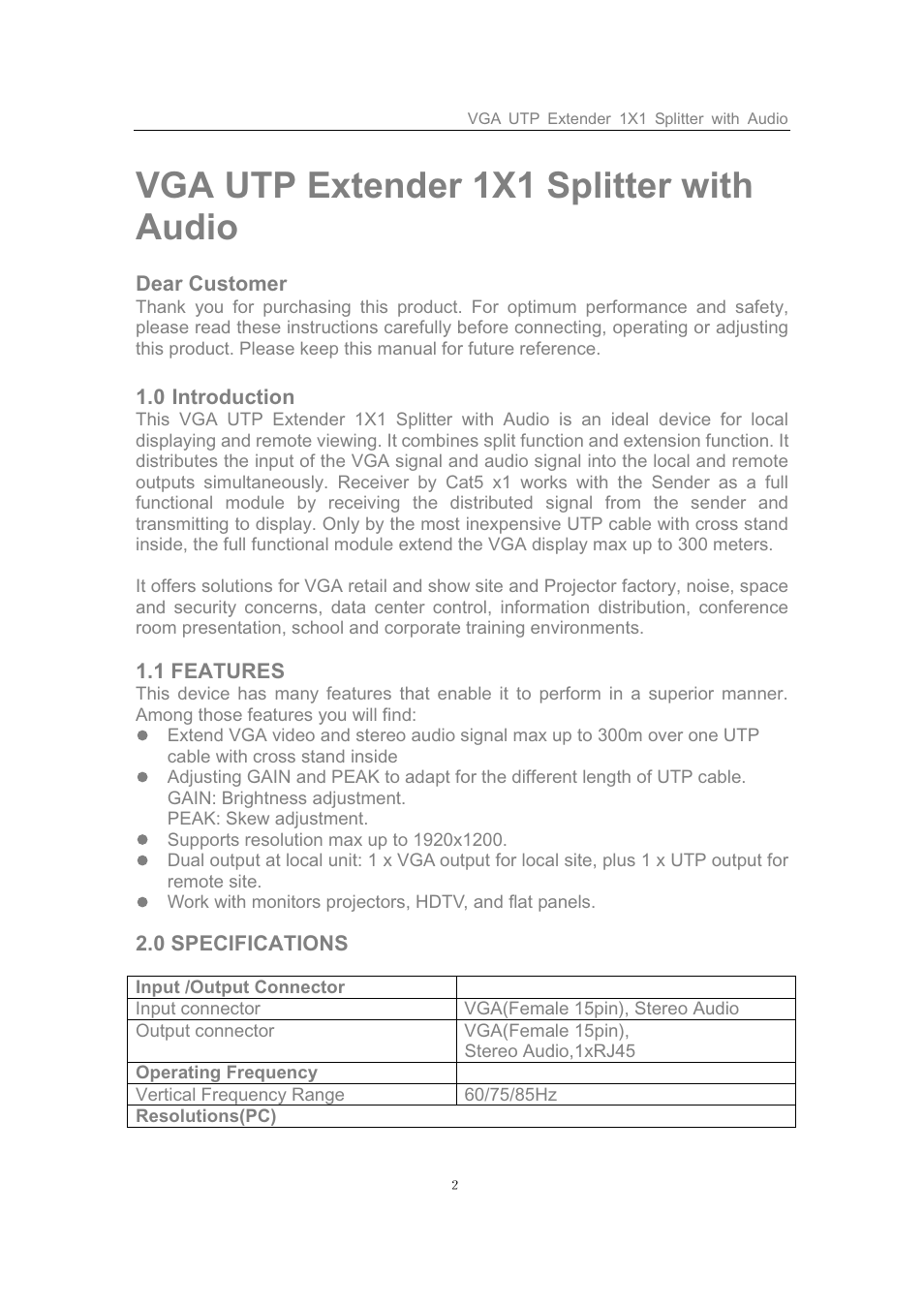 Vga utp extender 1x1 splitter with audio | Comprehensive CVE-TRX01 User Manual | Page 2 / 5