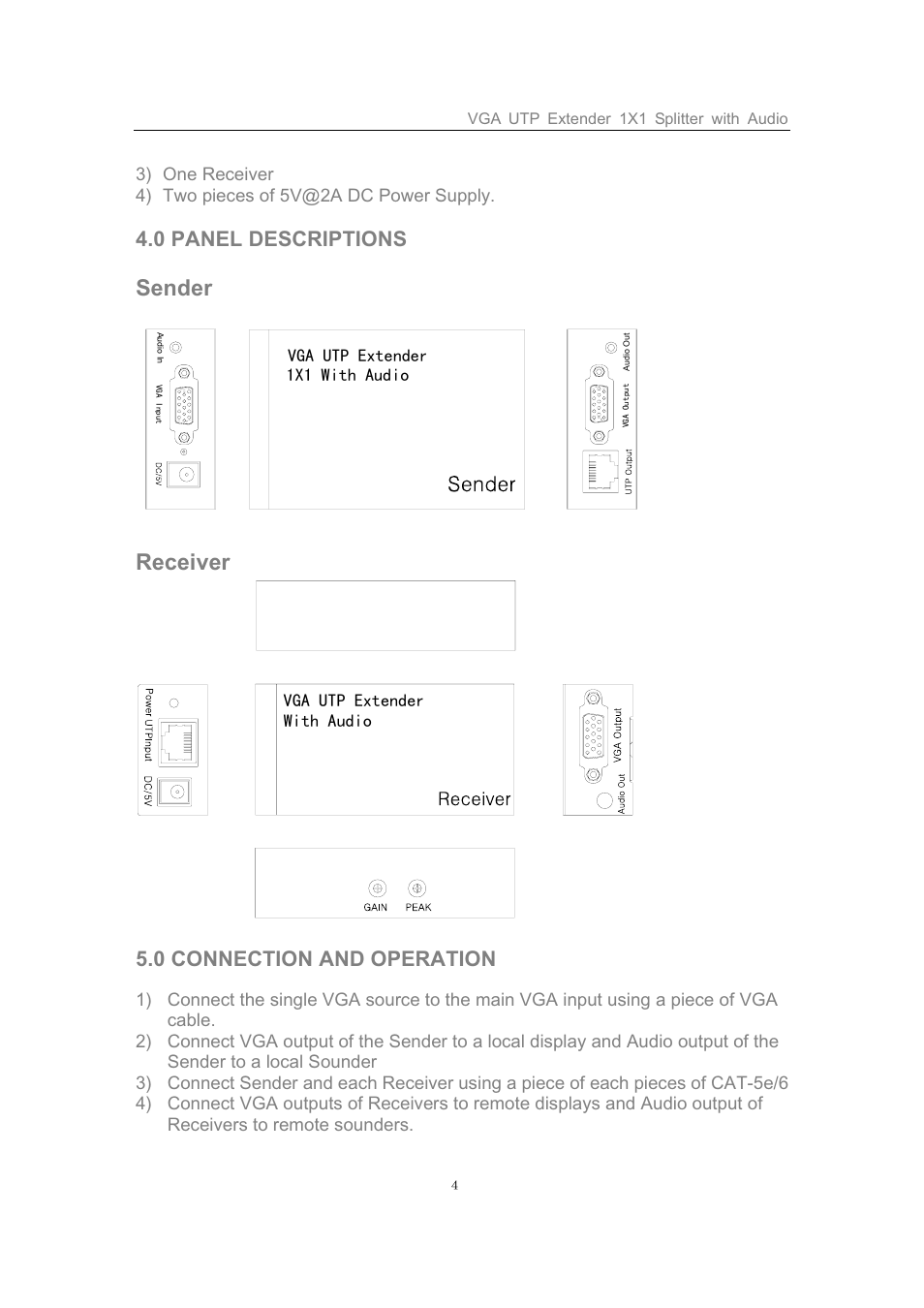 Sender, Receiver, 0 panel descriptions | 0 connection and operation, Vga utp extender 1x1 with audio, Vga utp extender with audio, Vga utp extender 1x1 splitter with audio | Comprehensive CVE-TRX01 User Manual | Page 4 / 5