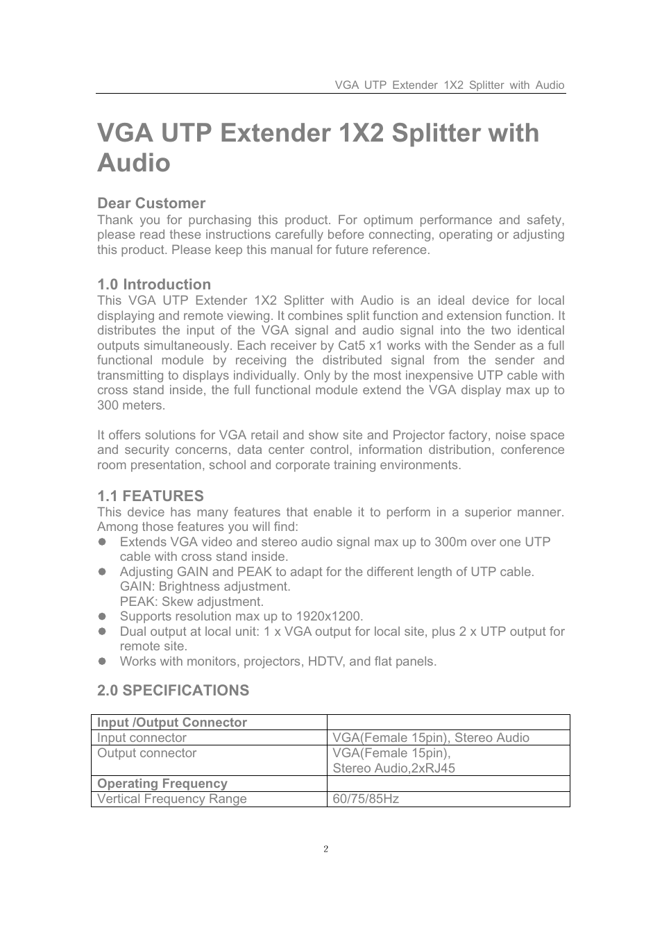 Vga utp extender 1x2 splitter with audio | Comprehensive CVE-TRX02A User Manual | Page 2 / 5