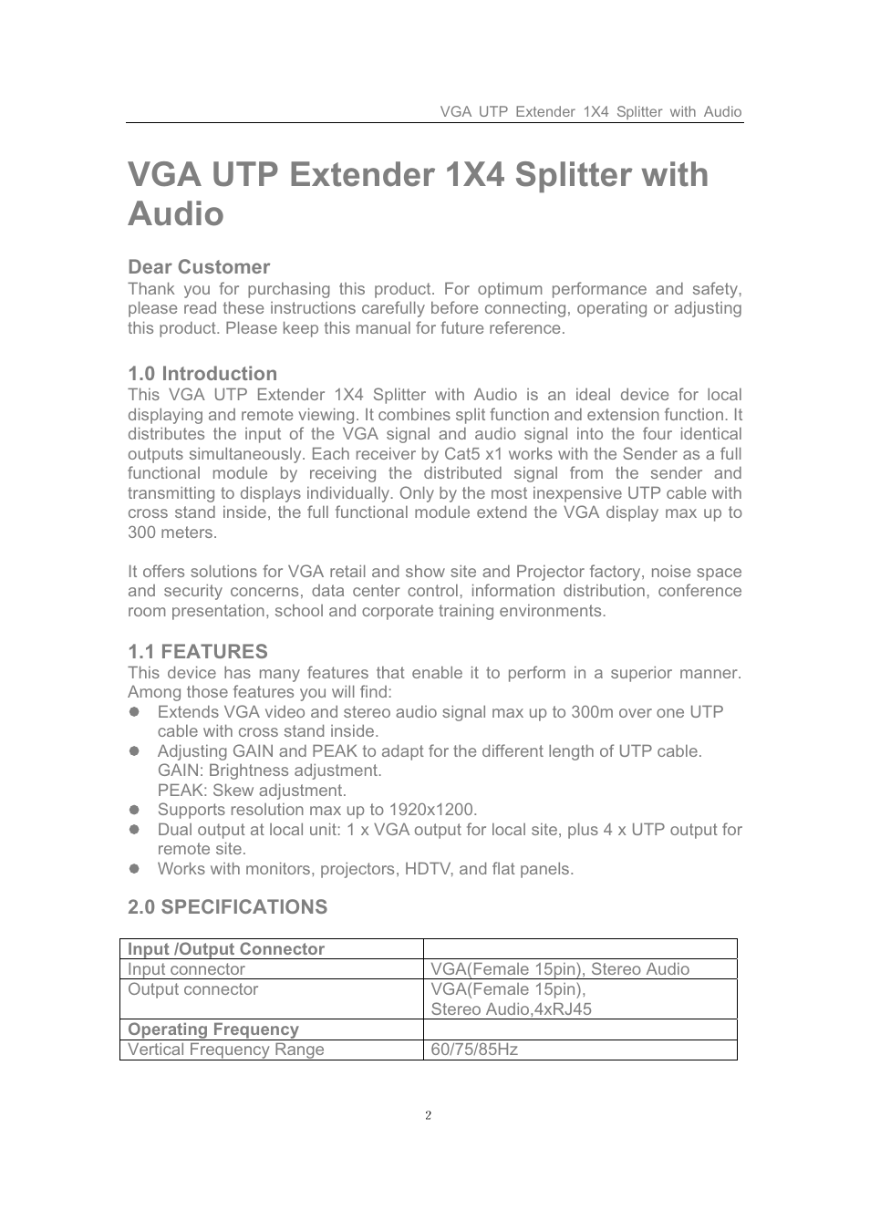 Vga utp extender 1x4 splitter with audio | Comprehensive CVE-TRX04 User Manual | Page 2 / 5