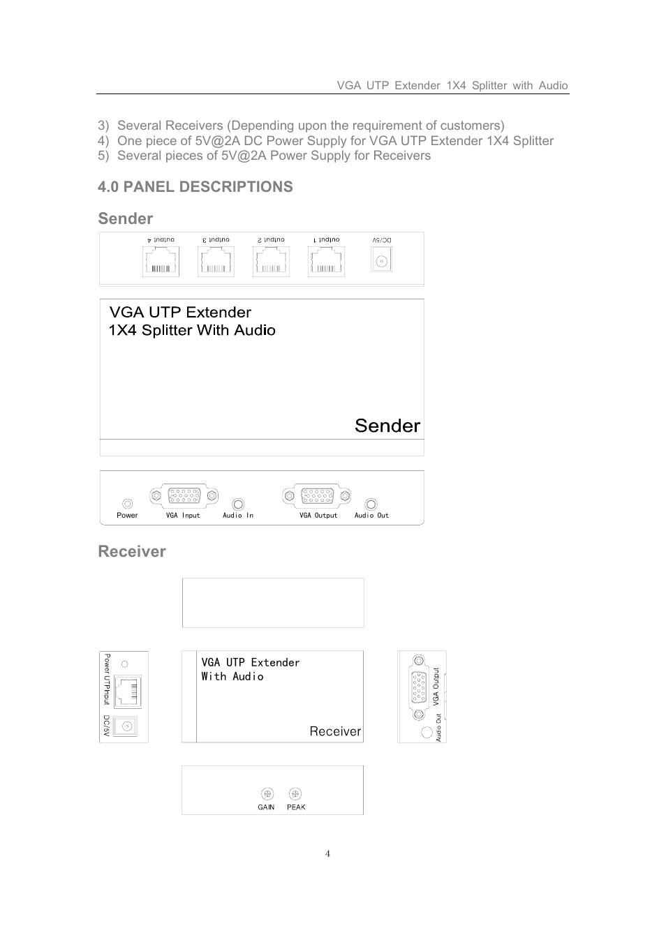 Sender, Receiver, 0 panel descriptions | Vga utp extender with audio, Vga utp extender 1x4 splitter with audio | Comprehensive CVE-TRX04 User Manual | Page 4 / 5