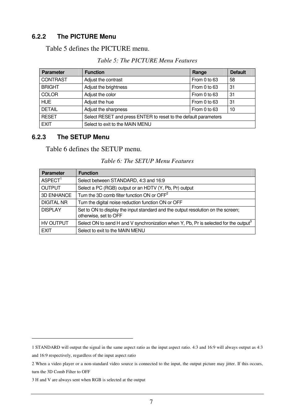 Table 5 defines the picture menu, Table 6 defines the setup menu | Comprehensive CSC-550 User Manual | Page 9 / 11