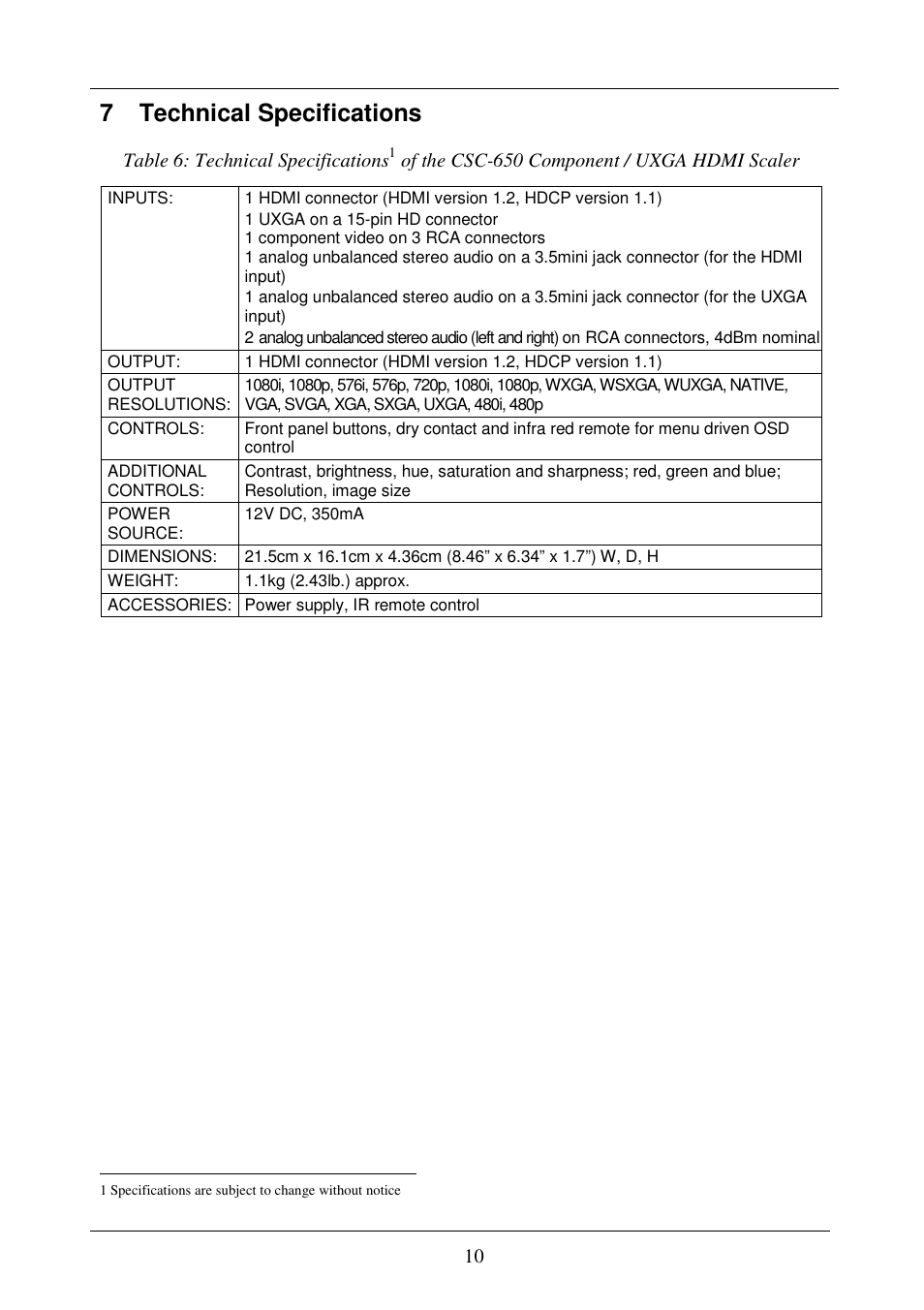7 technical specifications | Comprehensive CSC-650 User Manual | Page 12 / 13